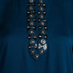 Pre Owned Elie Tahari Peacock Blue Embellished Silk Blouse L