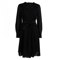 Elie Tahari Black Long Sleeve Pleated Belted Dress M
