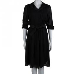 Elie Tahari Black Long Sleeve Pleated Belted Dress M