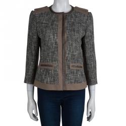 Pre Owned Elie Tahari Olive Green and Brown Textured Cotton Leather Trim Box Jacket M