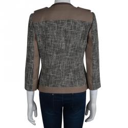 Pre Owned Elie Tahari Olive Green and Brown Textured Cotton Leather Trim Box Jacket M