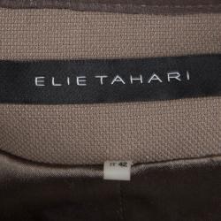 Pre Owned Elie Tahari Olive Green and Brown Textured Cotton Leather Trim Box Jacket M
