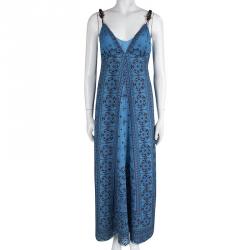 Pre Owned Elie Tahari Blue Silk Emroidered Maxi Dress M