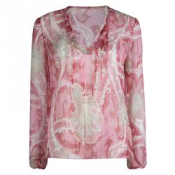 Elie Tahari Multicolor Silk Printed Trim Detail Long Sleeve Top S