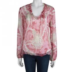 Elie Tahari Multicolor Silk Printed Trim Detail Long Sleeve Top S