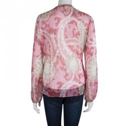 Elie Tahari Multicolor Silk Printed Trim Detail Long Sleeve Top S