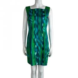 Pre Owned Elie Tahari Green Printed Leather Trim Sleeveless Dress M