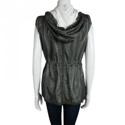 Elie Tahari Olive Green Perforated Leather Hooded Zip Front Jacket L