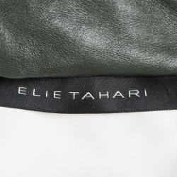 Elie Tahari Olive Green Perforated Leather Hooded Zip Front Jacket L