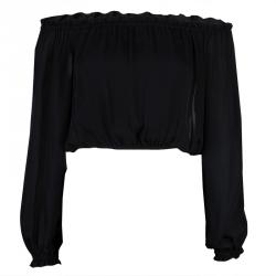Pre Owned Elizabeth and James Sheer Black Off Shoulder Long Sleeve Cropped Silk Top XS