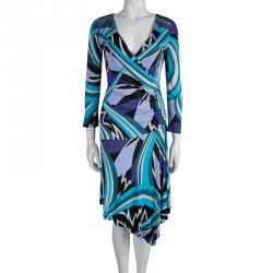 Pre Owned Emilio Pucci Blue Printed Jersey Embellished Dress M