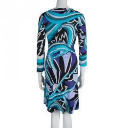 Pre Owned Emilio Pucci Blue Printed Jersey Embellished Dress M