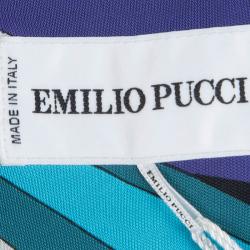 Pre Owned Emilio Pucci Blue Printed Jersey Embellished Dress M