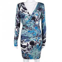 Pre Owned Emilio Pucci Multicolor Printed Silk Jersey Power Shoulder Draped Dress M