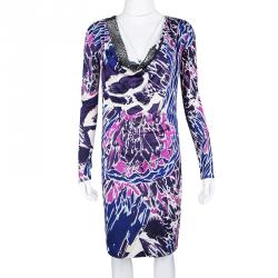 Pre Owned Emilio Pucci Multicolor Printed Silk Jersey Embellished Neck Detail Dress M