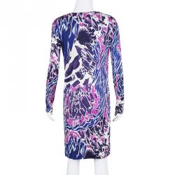 Pre Owned Emilio Pucci Multicolor Printed Silk Jersey Embellished Neck Detail Dress M