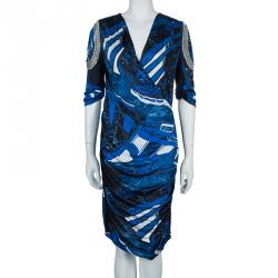 Pre Owned فستان ايميليو بوتشي كم مطرز جانب مكشكش تريكو منقوش أزرق L