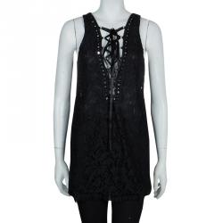 Pre Owned Emilio Pucci Black Lace Mirrorwork Tie-Up Detail Sleeveless Dress S