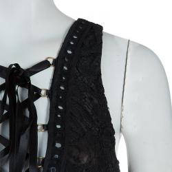Pre Owned Emilio Pucci Black Lace Mirrorwork Tie-Up Detail Sleeveless Dress S