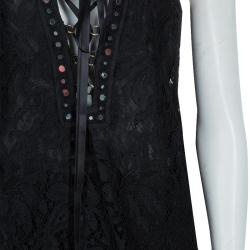 Pre Owned Emilio Pucci Black Lace Mirrorwork Tie-Up Detail Sleeveless Dress S