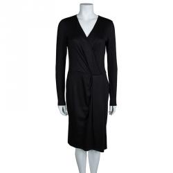 Pre Owned Emilio Pucci Black Knit Long Sleeve Draped Overlap Dress M