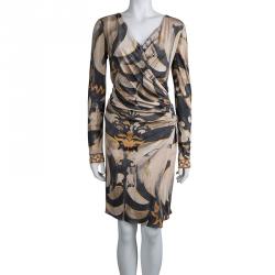 Pre Owned Emilio Pucci Multicolor Printed Silk Knit Long Sleeve Draped Dress M