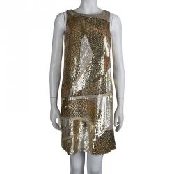 Pre Owned فستان أيميليو بوتشي ترتر ذهبي مزخرف بلا أكمام S