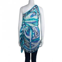 Pre Owned توب أيميليو بوتشي حرير أزرق طباعة تجريدية بكتف واحد مقاس موحد OS