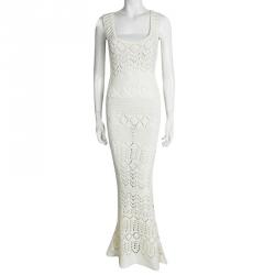Pre Owned Emilio Pucci Cream Perforated Chunky Knit Sleeveless Maxi Dress M