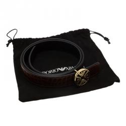 Pre Owned حزام امبوريو أرماني وجهين جلد نقشة تمساح بني وأسود 100 سم