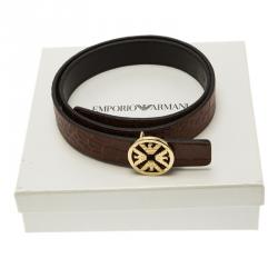 Pre Owned Emporio Armani Brown Croc Embossed and Black Leather Reversible Belt 95 CM