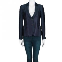 Pre Owned Emporio Armani Navy Blue Self Striped Two Button Blazer S