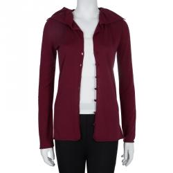 Pre Owned Emporio Armani Maroon Sequin Ruffle Collar Detail Long Sleeve Buttondown Cardigan M