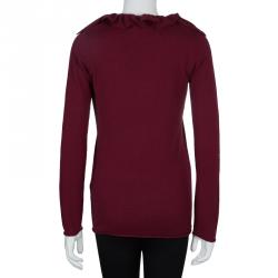 Pre Owned Emporio Armani Maroon Sequin Ruffle Collar Detail Long Sleeve Buttondown Cardigan M
