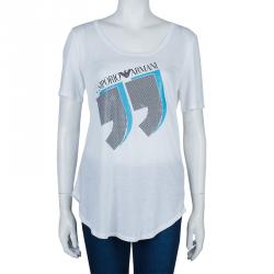 Pre Owned Emporio Armani White Studded Logo T-Shirt L