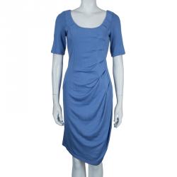 Pre Owned Emporio Armani Blue Knit Ruched Dress M