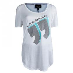 Pre Owned Emporio Armani White Studded Logo T-Shirt M