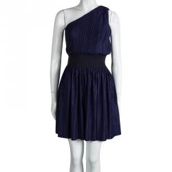 Pre Owned Emporio Armani Navy Blue Plisse One Shoulder Dress S