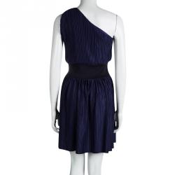 Pre Owned Emporio Armani Navy Blue Plisse One Shoulder Dress S