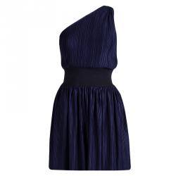 Pre Owned Emporio Armani Navy Blue Plisse One Shoulder Dress M