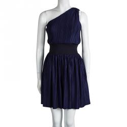 Pre Owned Emporio Armani Navy Blue Plisse One Shoulder Dress M