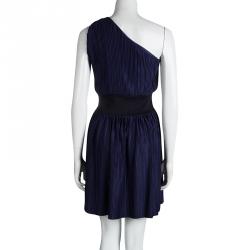 Pre Owned Emporio Armani Navy Blue Plisse One Shoulder Dress M