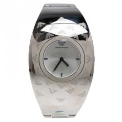 Pre Owned Emporio Armani Silver Etched Logo Stainless Steel AR-5785 Women's Cuff Bracelet Wristwatch 35MM
