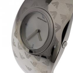 Pre Owned Emporio Armani Silver Etched Logo Stainless Steel AR-5785 Women's Cuff Bracelet Wristwatch 35MM