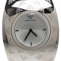 Pre Owned Emporio Armani Silver Etched Logo Stainless Steel AR-5785 Women's Cuff Bracelet Wristwatch 35MM