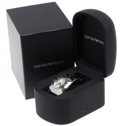 Pre Owned Emporio Armani Silver Etched Logo Stainless Steel AR-5785 Women's Cuff Bracelet Wristwatch 35MM