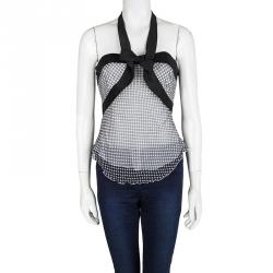 Pre Owned Emporio Armani Monochrome Dot Printed Silk Chiffon Halter Top M