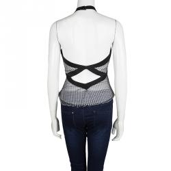 Pre Owned Emporio Armani Monochrome Dot Printed Silk Chiffon Halter Top M