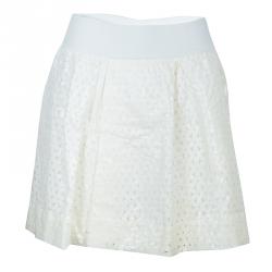 Pre Owned Emporio Armani Off-White Floral Laser Cut Overlay Gathered Skirt L