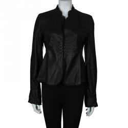 Pre Owned Emporio Armani Black Leather Chiffon Trim Fitted Jacket L